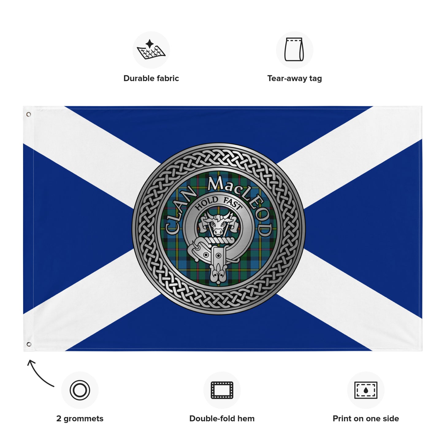 Clan MacLeod Crest & Harris Tartan on Saltire Flag