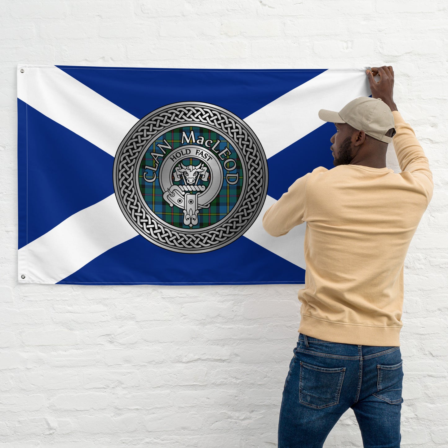 Clan MacLeod Crest & Harris Tartan on Saltire Flag