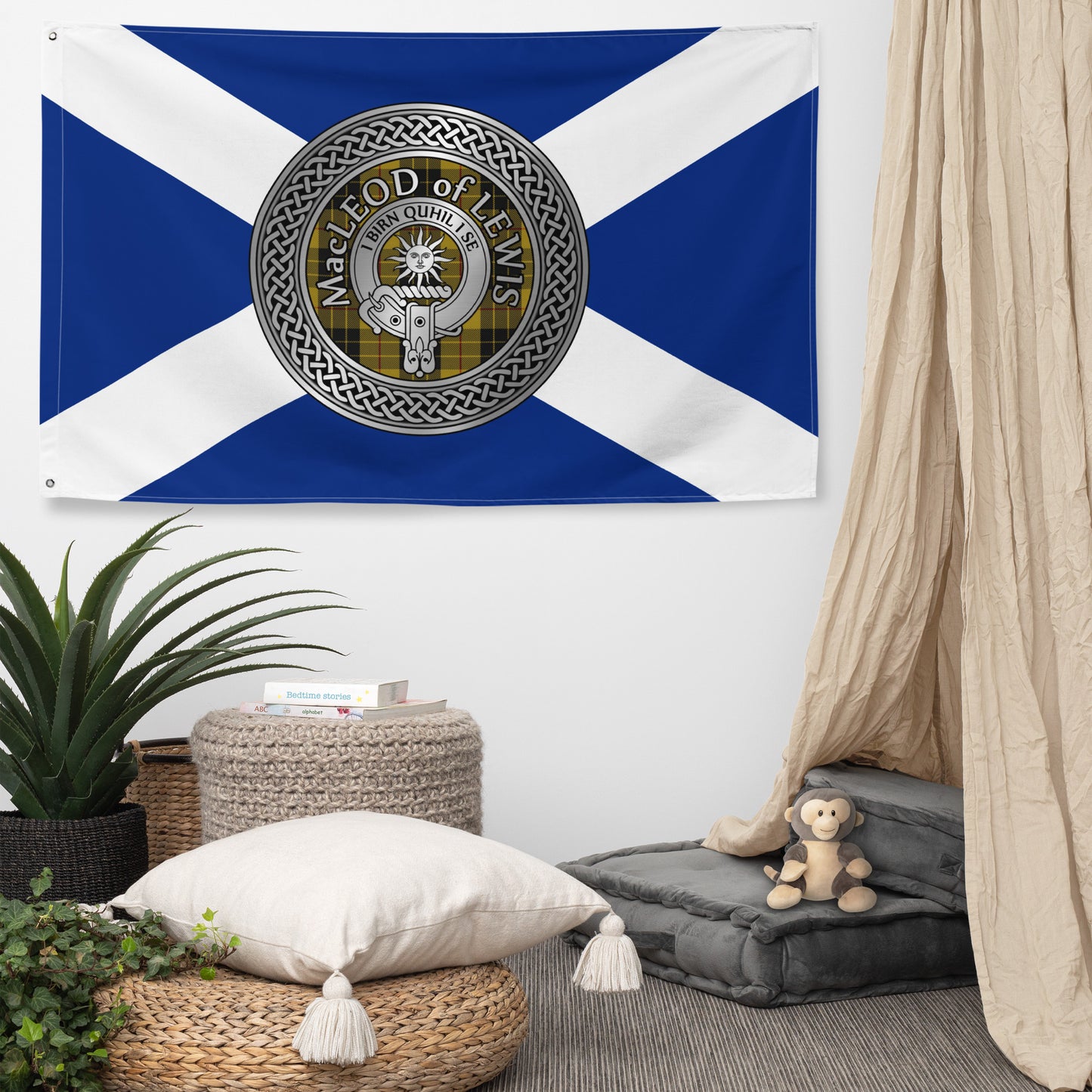 Clan MacLeod of Lewis Crest & Tartan on Scottish Saltire Flag