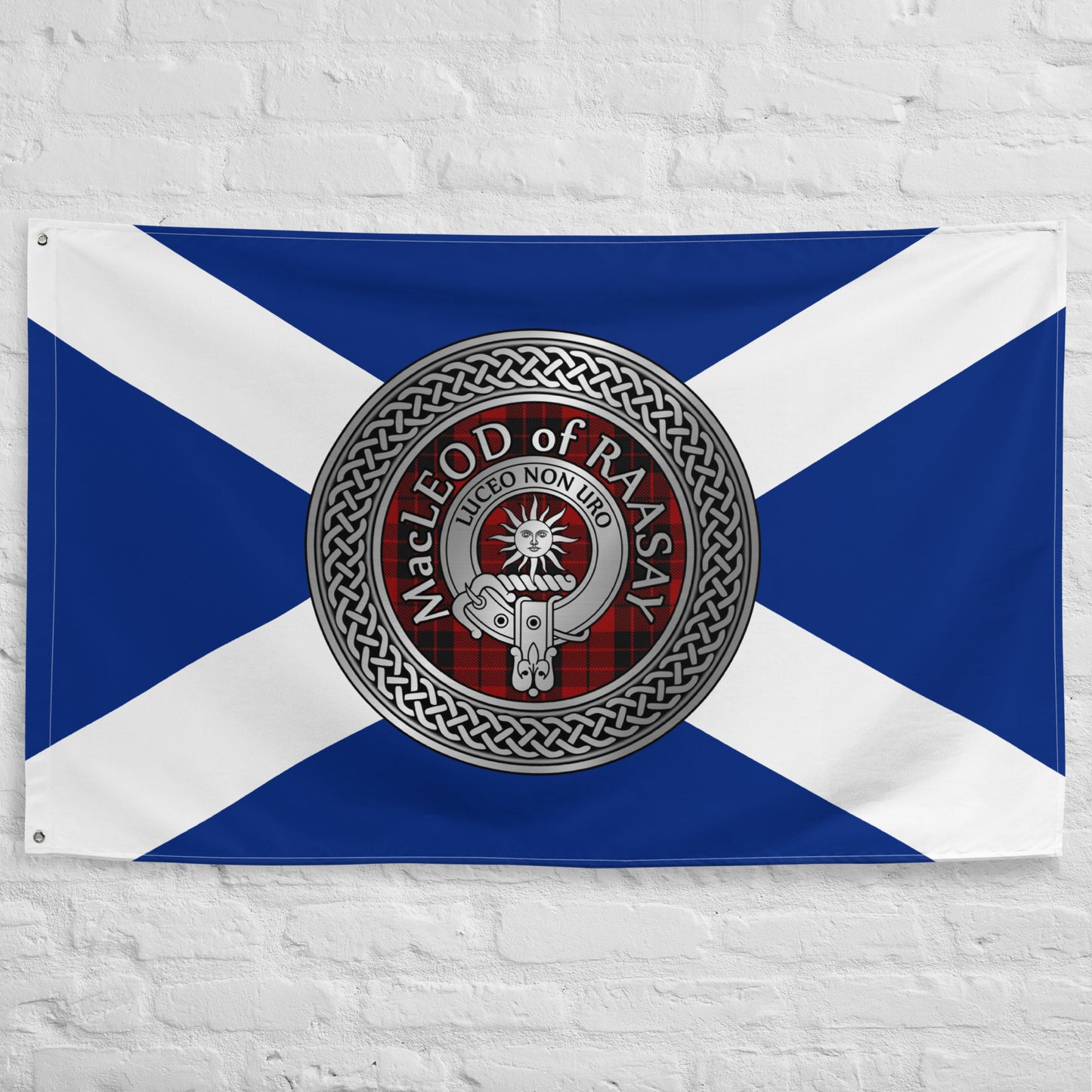 Clan MacLeod of Raasay Crest & Tartan on Scottish Saltire Flag