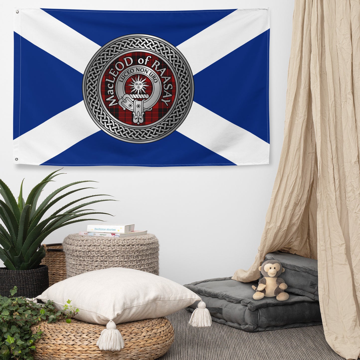 Clan MacLeod of Raasay Crest & Tartan on Scottish Saltire Flag