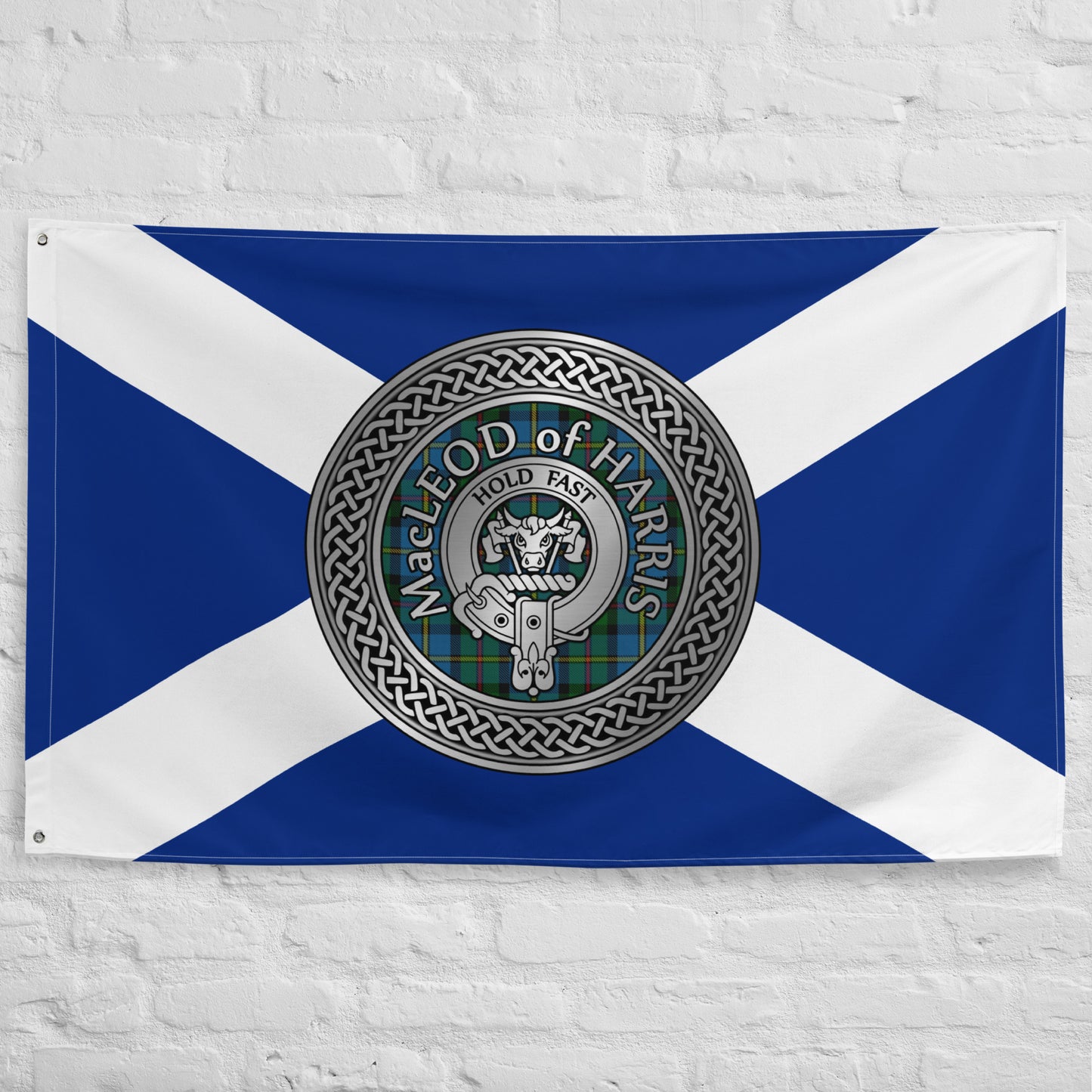 Clan MacLeod of Harris Crest & Tartan on Scottish Saltire Flag