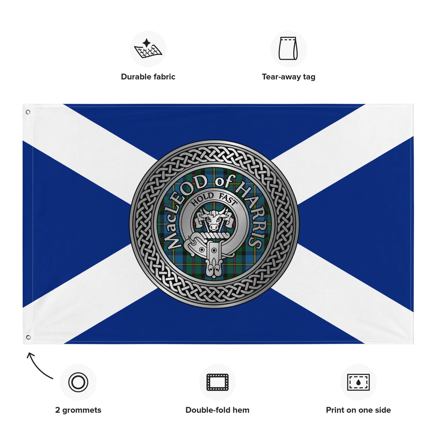 Clan MacLeod of Harris Crest & Tartan on Scottish Saltire Flag