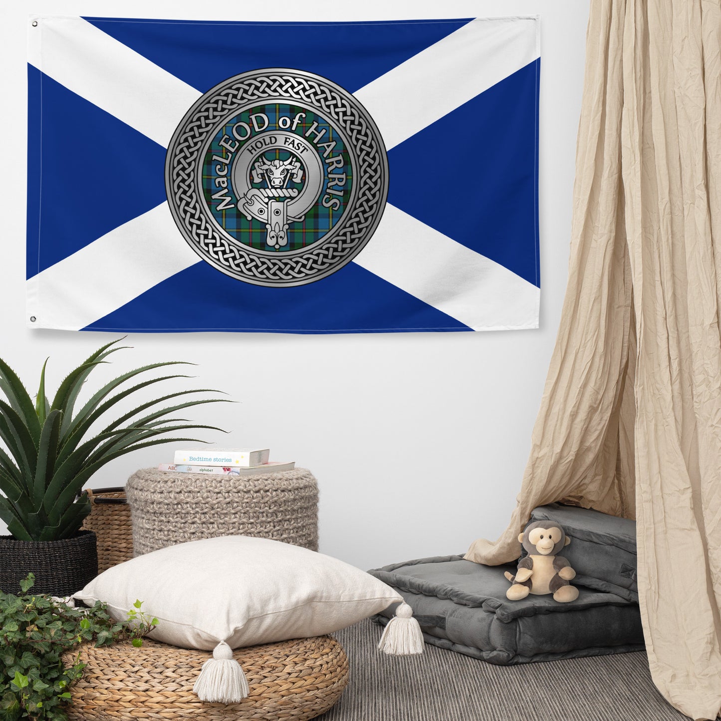 Clan MacLeod of Harris Crest & Tartan on Scottish Saltire Flag