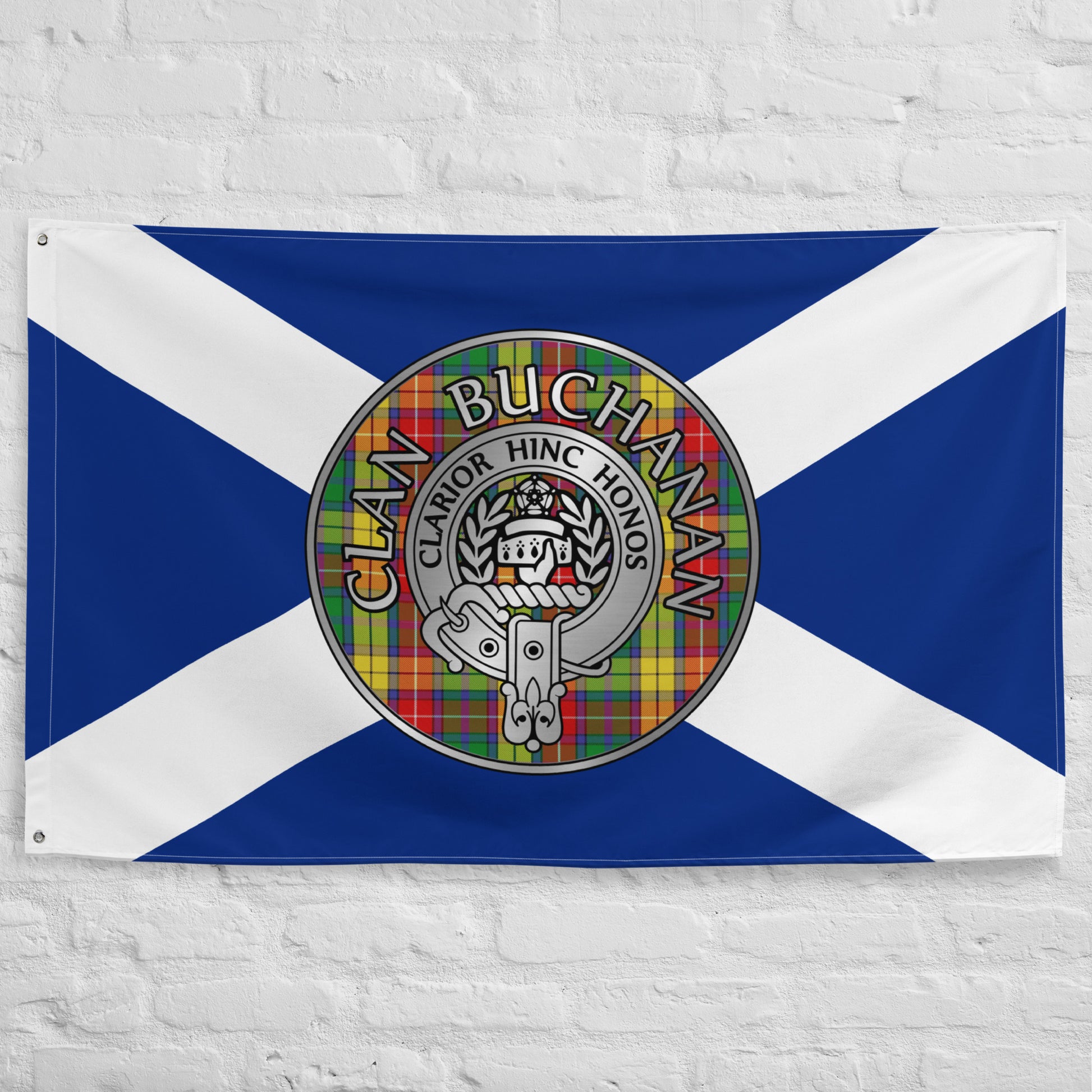 Clan Buchanan Crest & Tartan on Saltire Flag