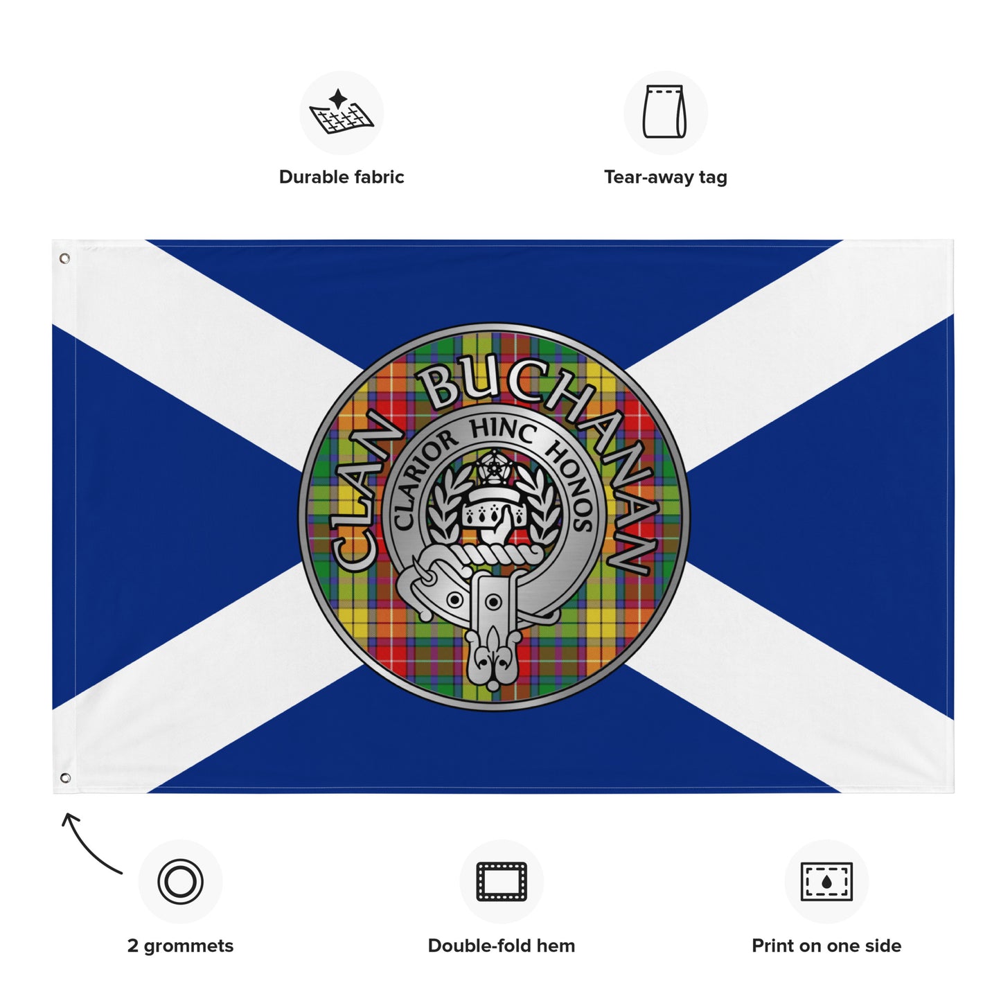 Clan Buchanan Crest & Tartan on Saltire Flag