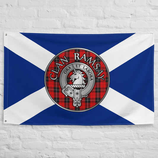 Clan Ramsay Crest & Tartan on Saltire Flag