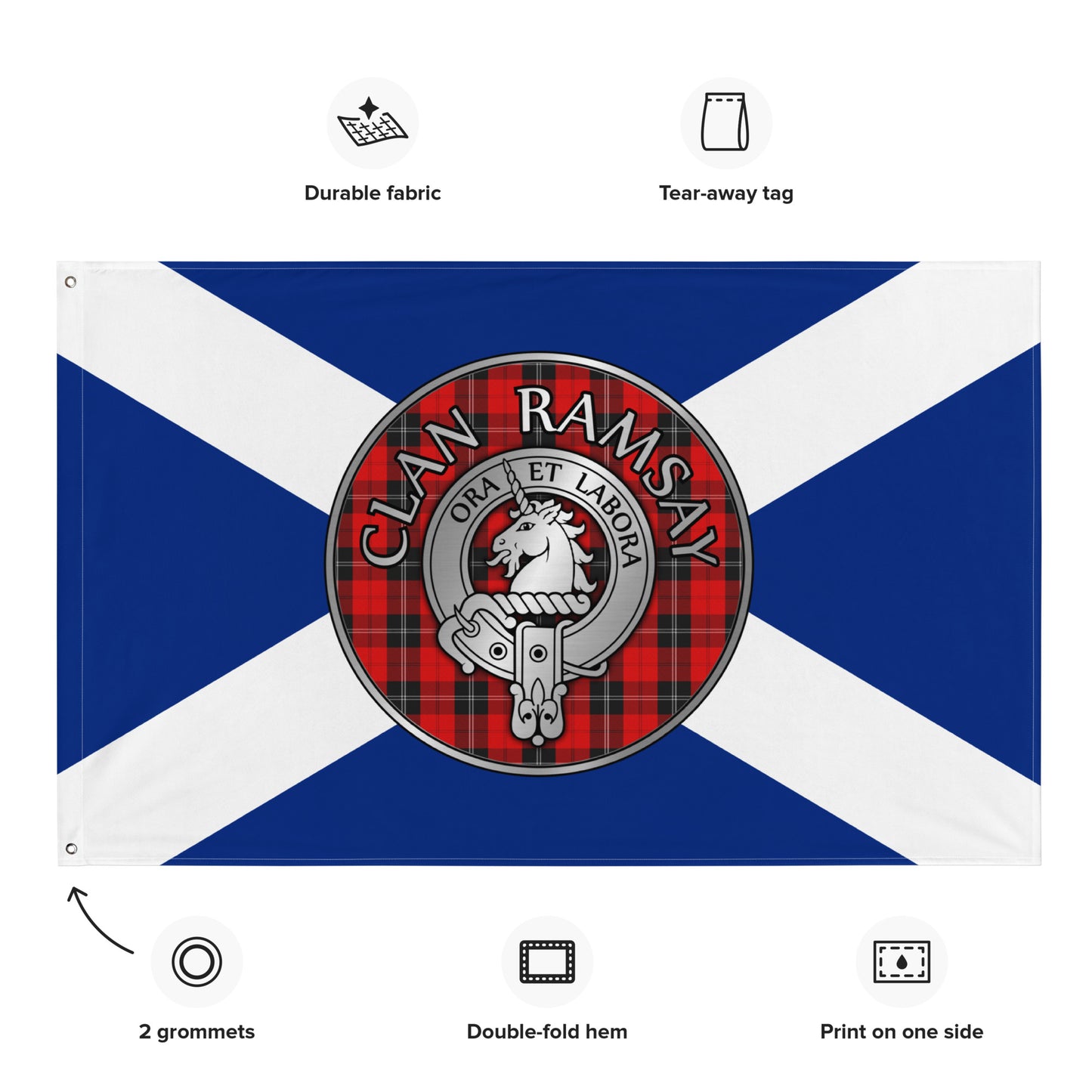 Clan Ramsay Crest & Tartan on Saltire Flag