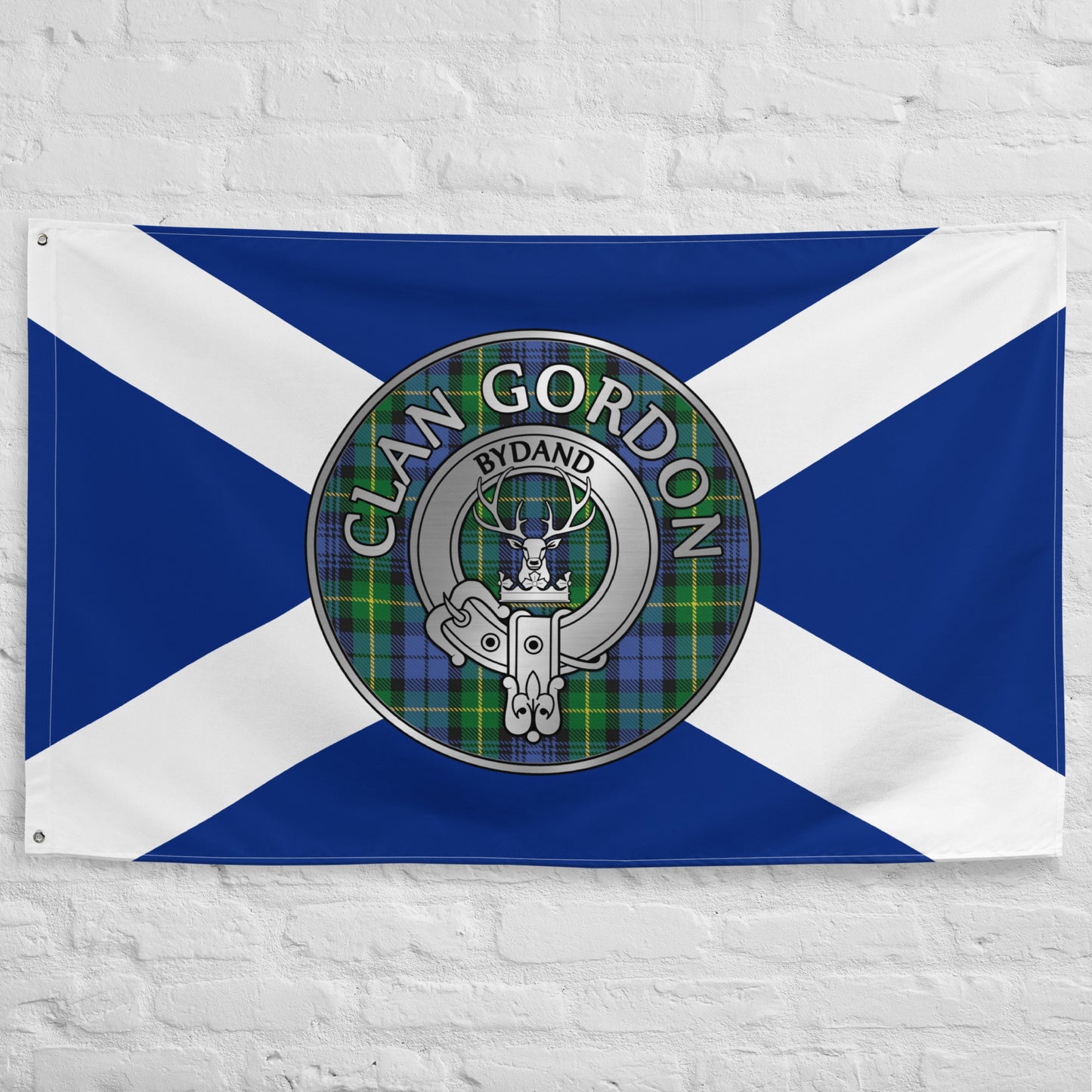 Clan Gordon Crest & Tartan on Saltire Flag