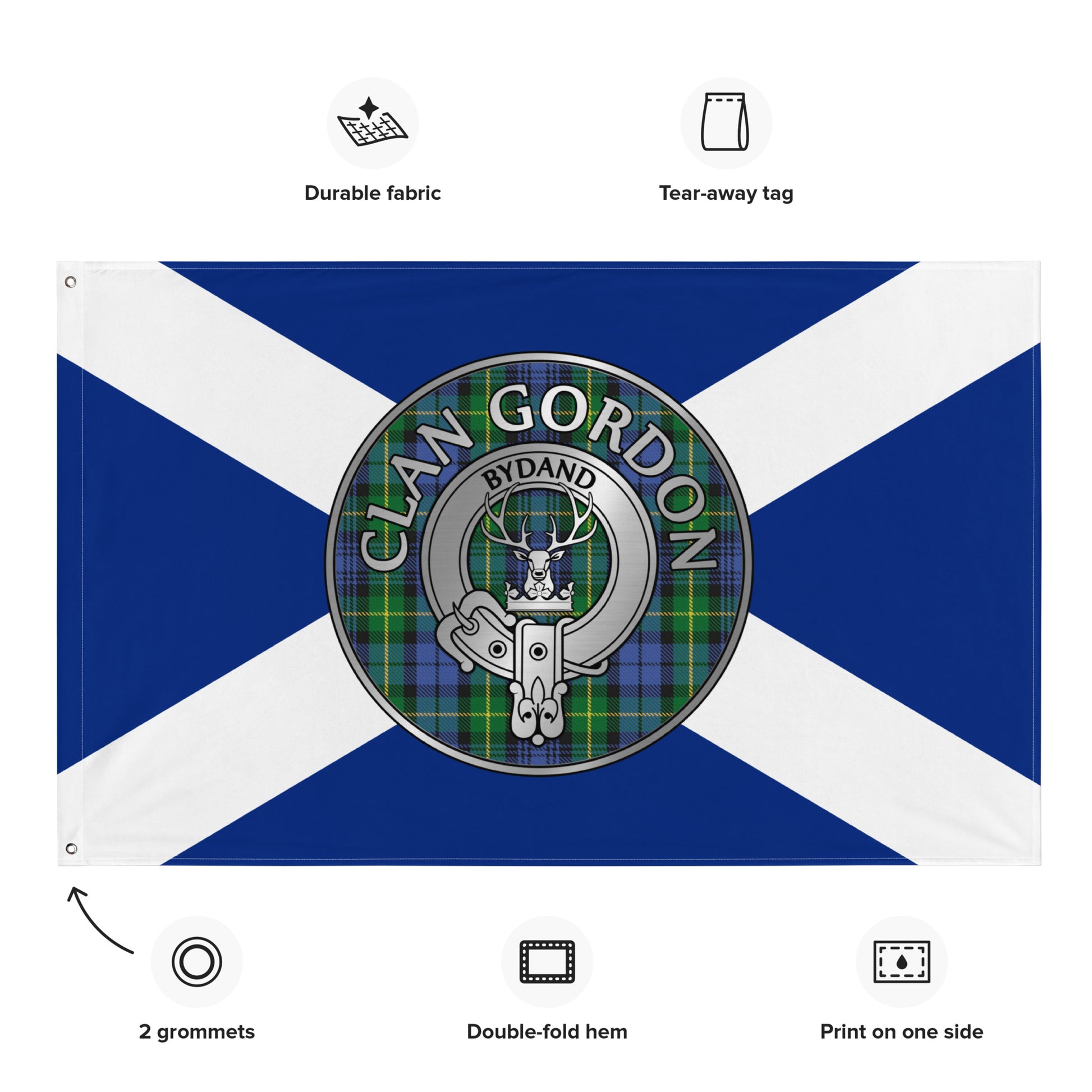 Clan Gordon Crest & Tartan on Saltire Flag