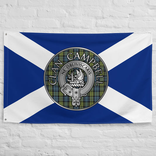 Clan Campbell Crest & Tartan on Saltire Flag