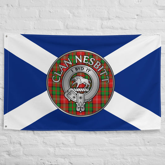 Clan Nesbitt Crest & Tartan on Saltire Flag