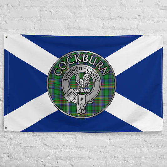 Clan Cockburn Crest & Tartan on Saltire Flag