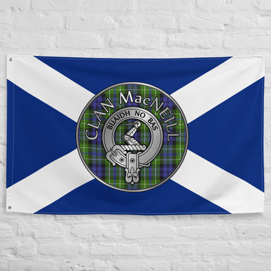 Clan MacNeill of Gigha Crest & Tartan on Saltire Flag