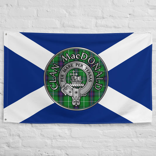 Clan MacDonald of the Isles Crest & Tartan on Saltire Flag