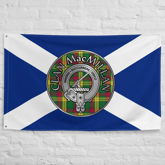 Clan MacMillan Crest & Tartan on Saltire Flag