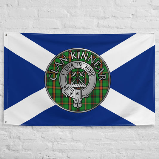 Clan Kinnear Crest & Tartan on Saltire Flag