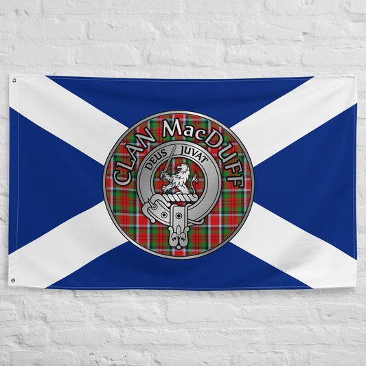 Clan MacDuff Crest & Tartan on Saltire Flag