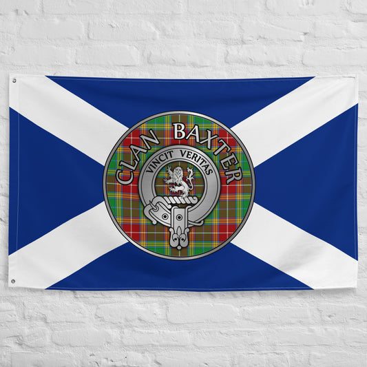 Clan Baxter Crest & Tartan on Saltire Flag