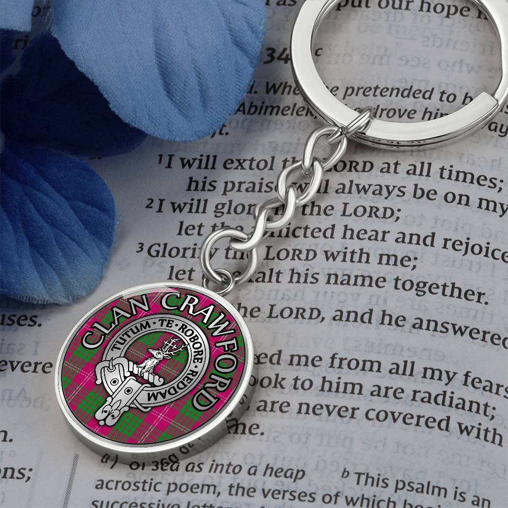 Clan Crawford Crest & Tartan Pendant Keychain