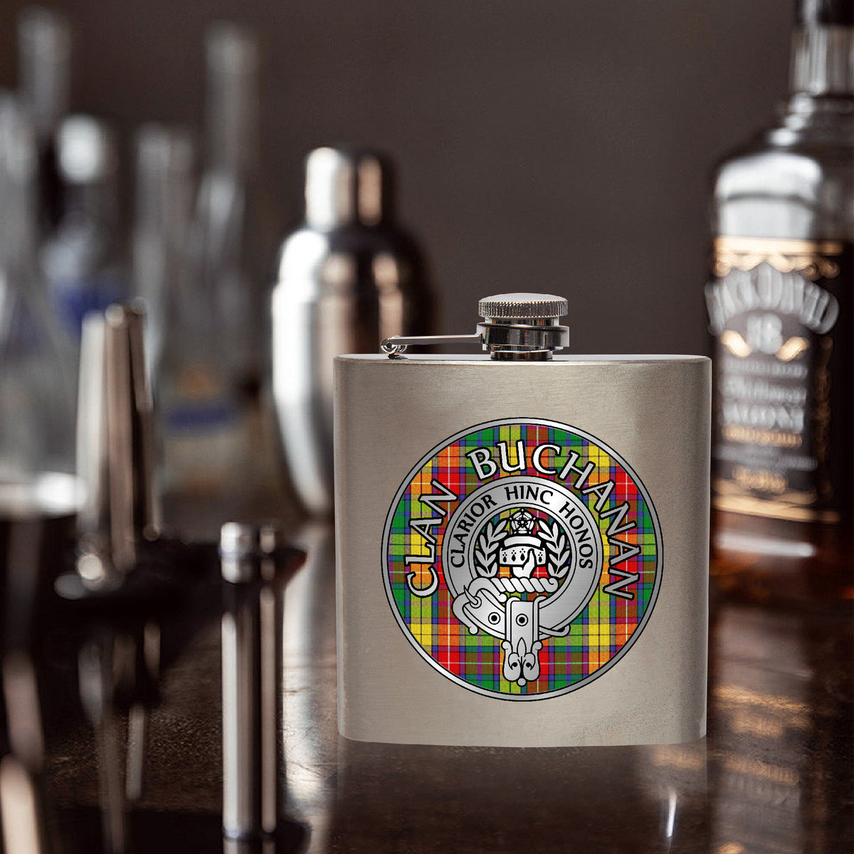 Clan Buchanan Crest & Tartan 7oz Stainless Steel Hip Flask