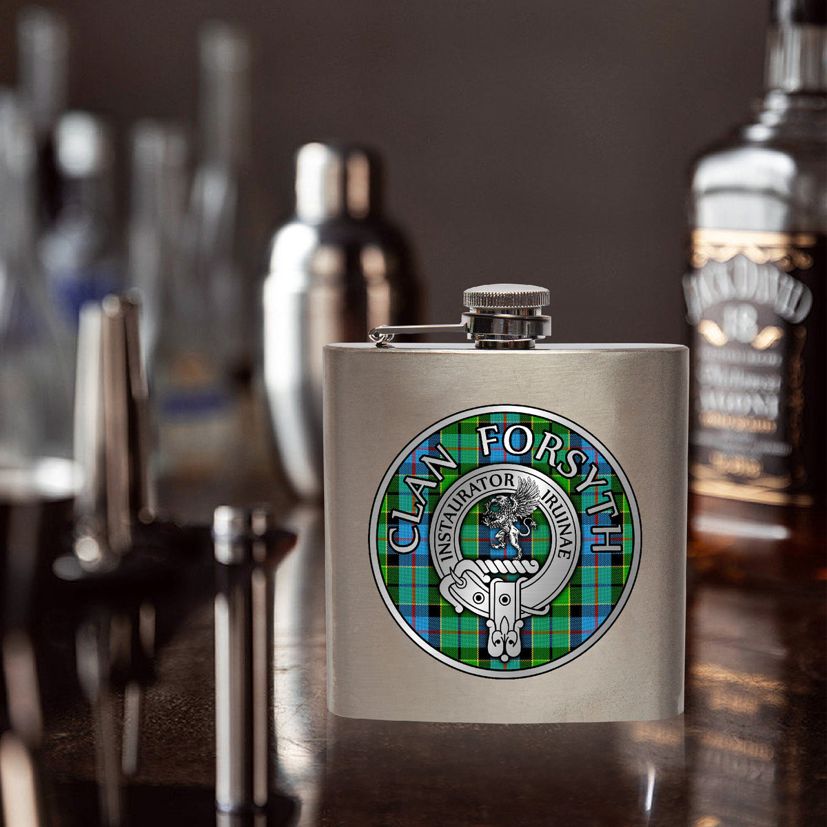 Clan Forsyth Crest & Tartan 7oz Stainless Steel Hip Flask