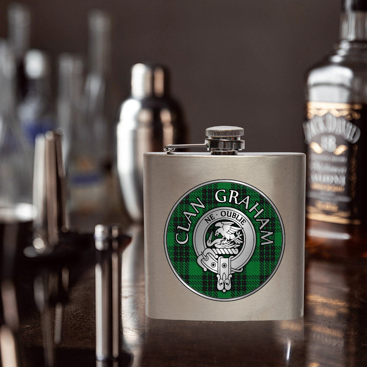 Clan Graham Crest & Tartan 7oz Stainless Steel Hip Flask