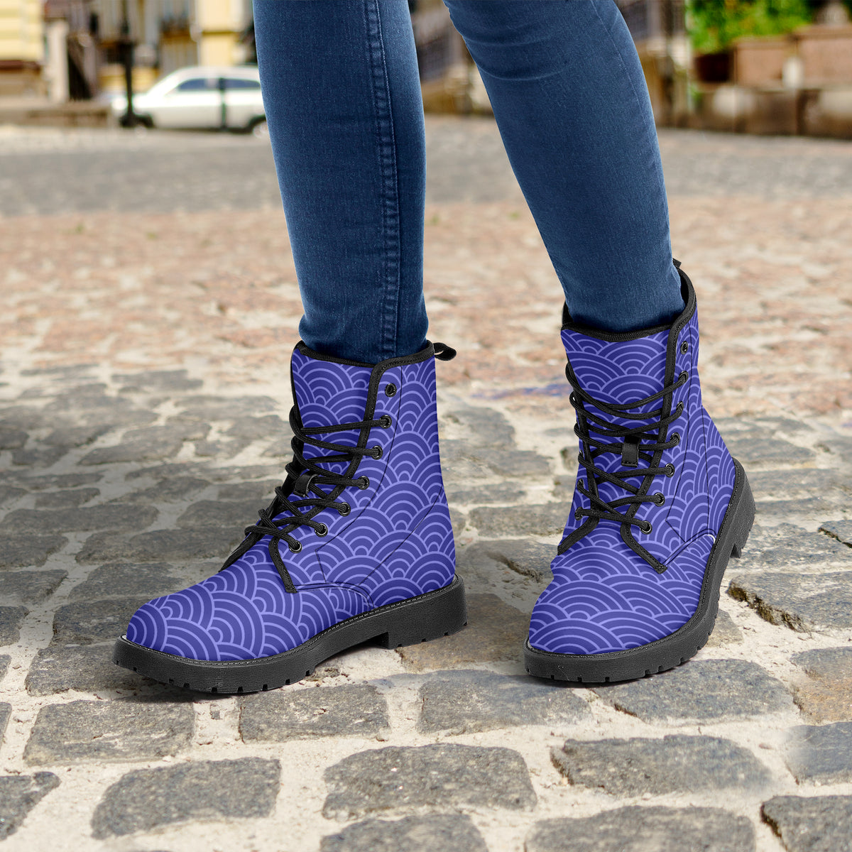 Japanese Wagara - Seigaiha Blue - PU Leather Boots