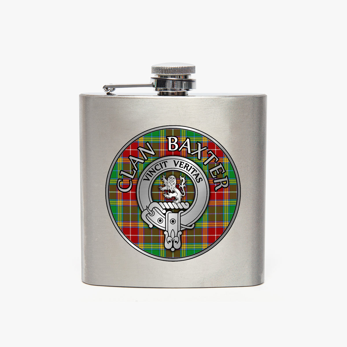 Clan Baxter Crest & Tartan 7oz Stainless Steel Hip Flask