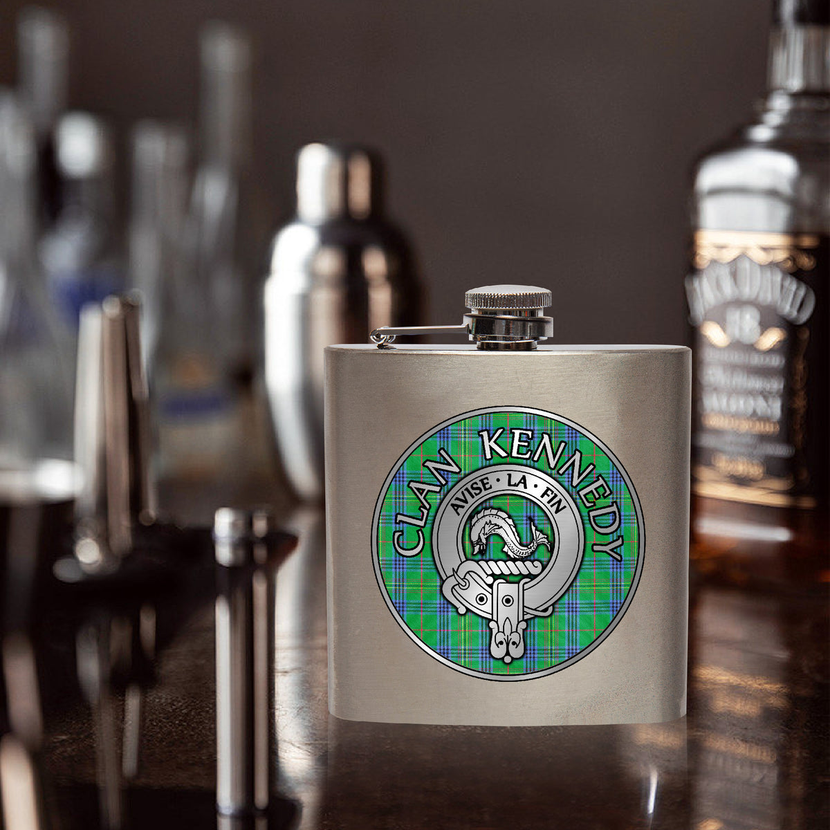 Clan Kennedy Crest & Tartan 7oz Stainless Steel Hip Flask
