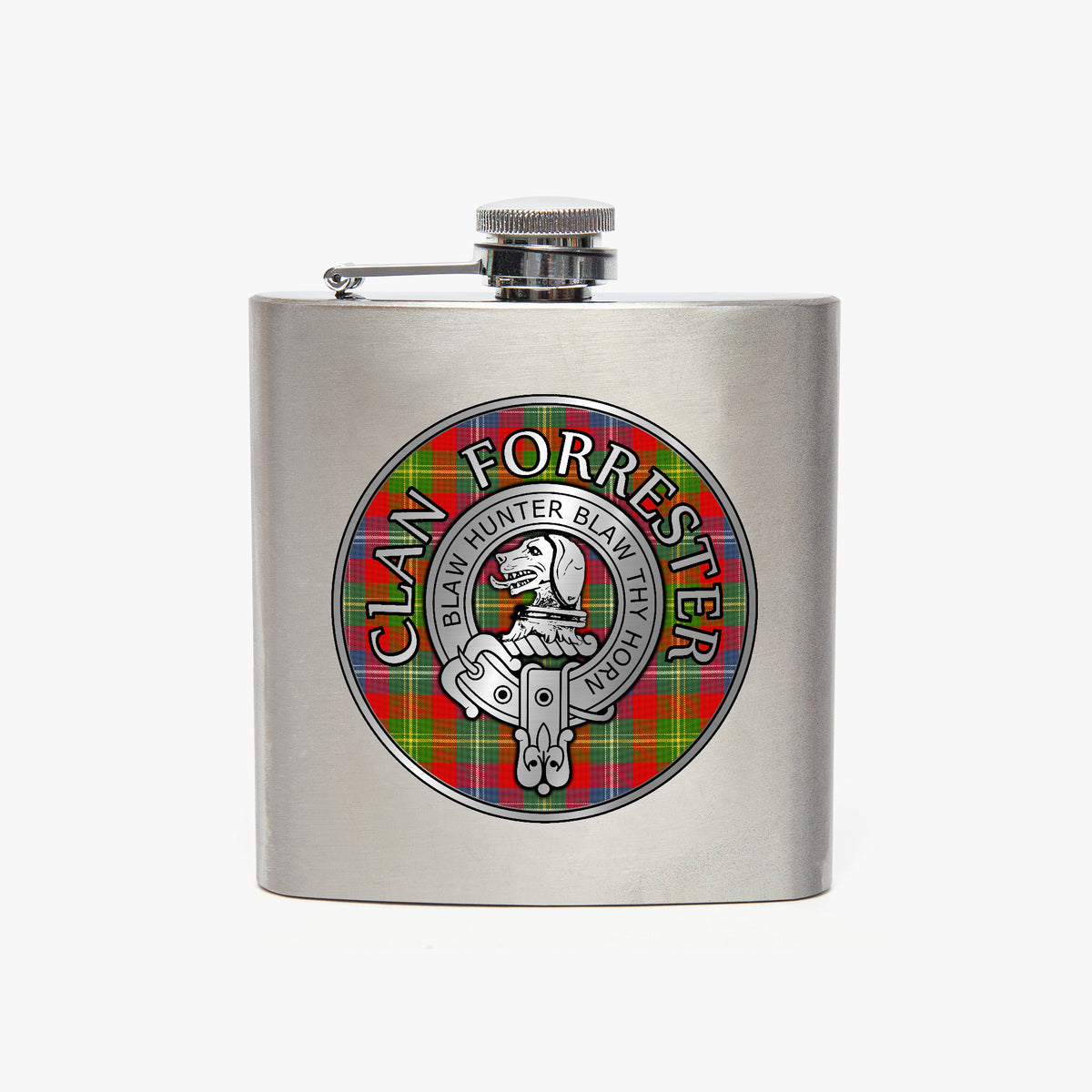 Clan Forrester Crest & Tartan 7oz Stainless Steel Hip Flask