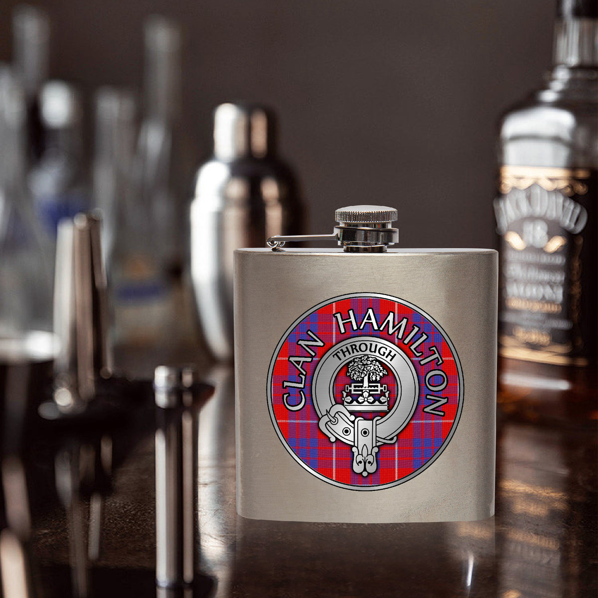 Clan Hamilton Crest & Tartan 7oz Stainless Steel Hip Flask