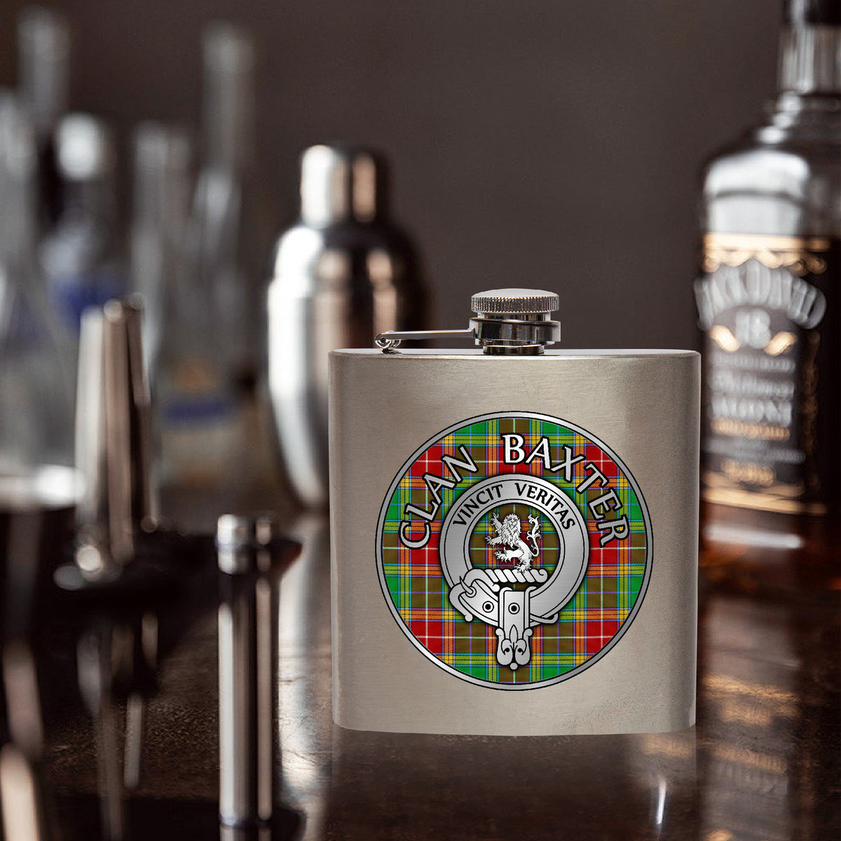 Clan Baxter Crest & Tartan 7oz Stainless Steel Hip Flask