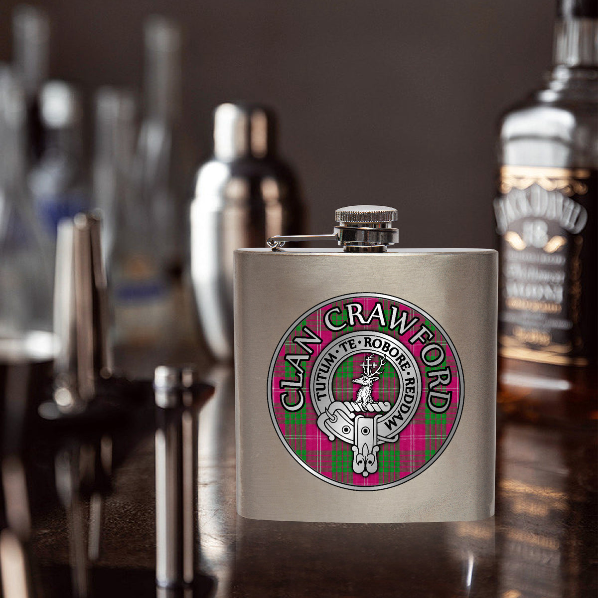 Clan Crawford Crest & Tartan 7oz Stainless Steel Hip Flask