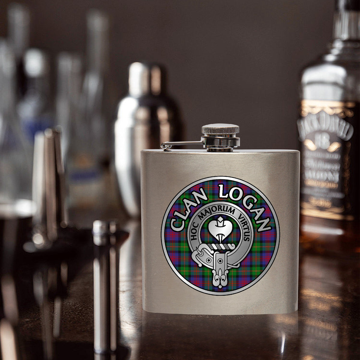 Clan Logan Crest & Tartan 7oz Stainless Steel Hip Flask