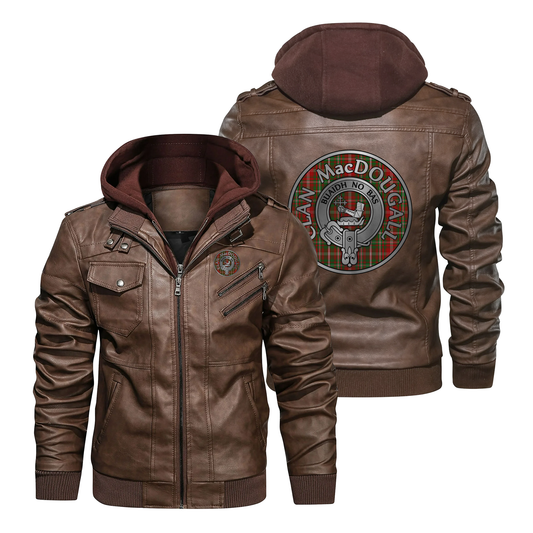 Clan MacDougall Crest & Tartan PU Leather Hooded Jacket