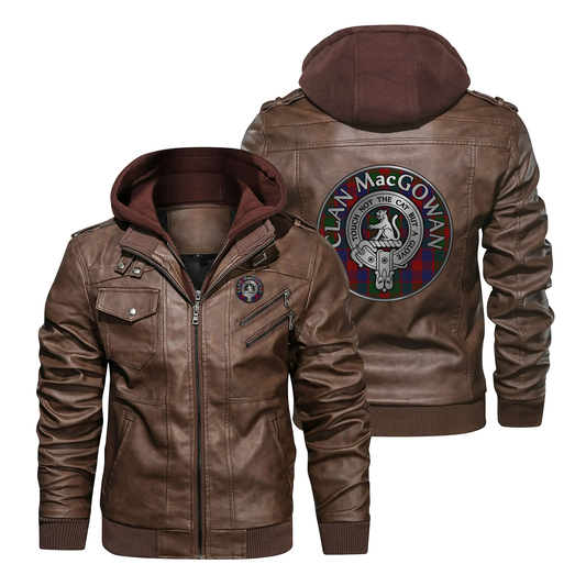 Clan MacGowan Crest & Tartan PU Leather Hooded Jacket