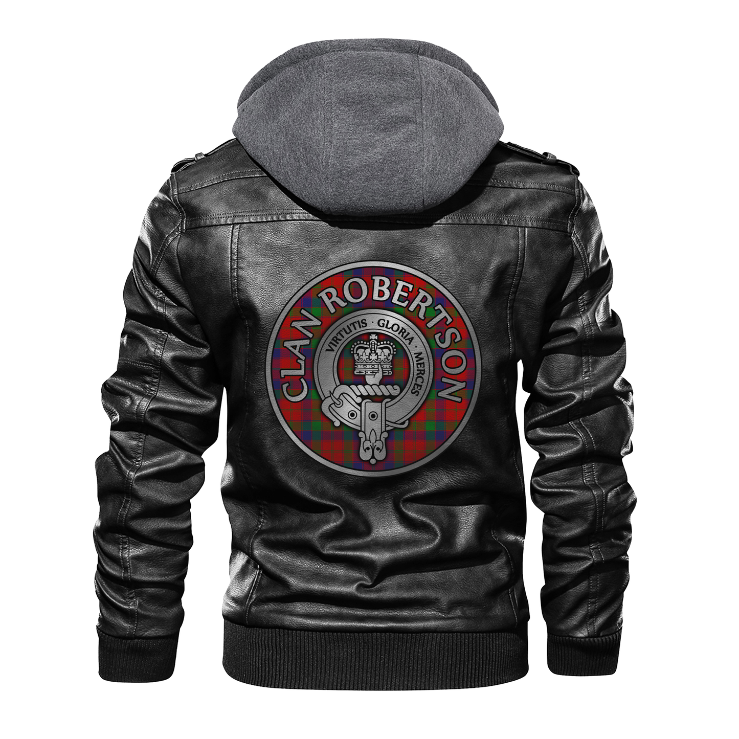 Clan Robertson Crest & Tartan PU Leather Hooded Jacket