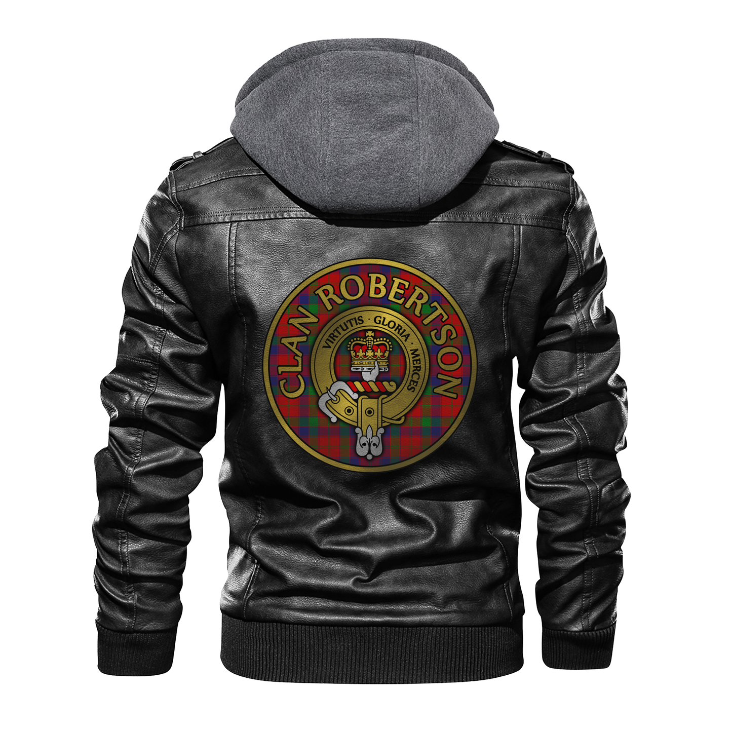 Clan Robertson Crest (Gold) & Tartan PU Leather Hooded Jacket