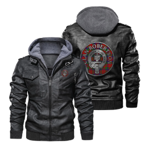 Clan Robertson Crest & Tartan PU Leather Hooded Jacket