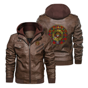 Clan Robertson Crest (Gold) & Tartan PU Leather Hooded Jacket