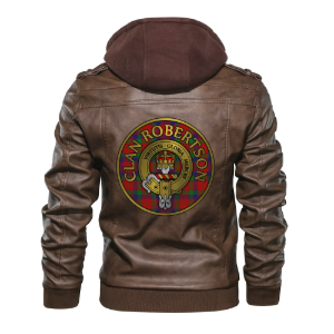 Clan Robertson Crest (Gold) & Tartan PU Leather Hooded Jacket