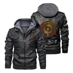 Clan Robertson Crest (Gold) & Tartan PU Leather Hooded Jacket