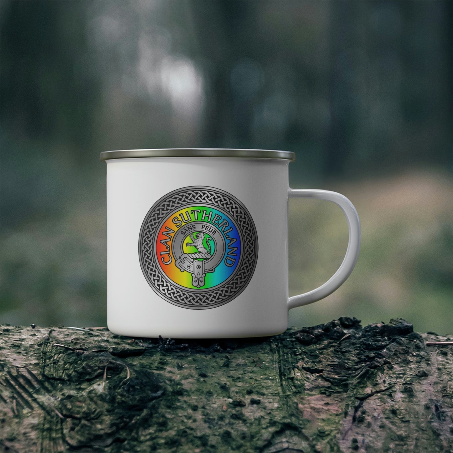 Clan Sutherland Crest & Rainbow Enamel Camping Mug