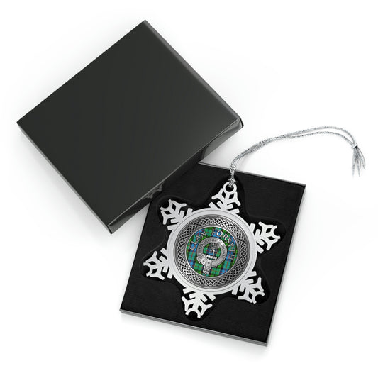 Clan Forsyth Crest & Tartan Knot Pewter Snowflake Ornament