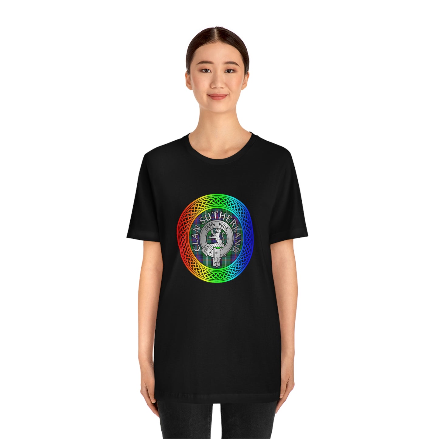 Clan Sutherland Crest & Tartan in Rainbow Knot T-Shirt