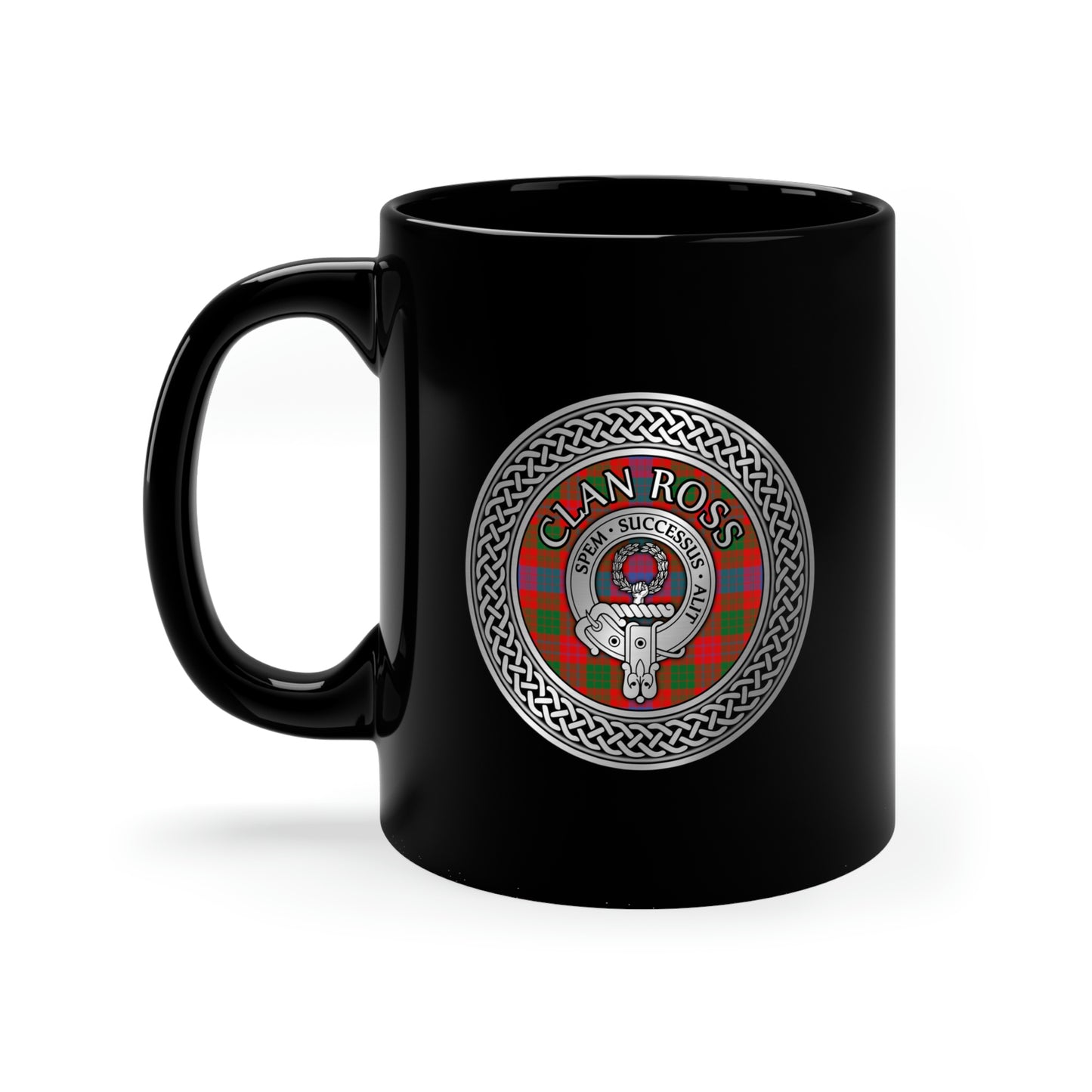 Clan Ross Crest & Tartan Knot 11oz Black Mug