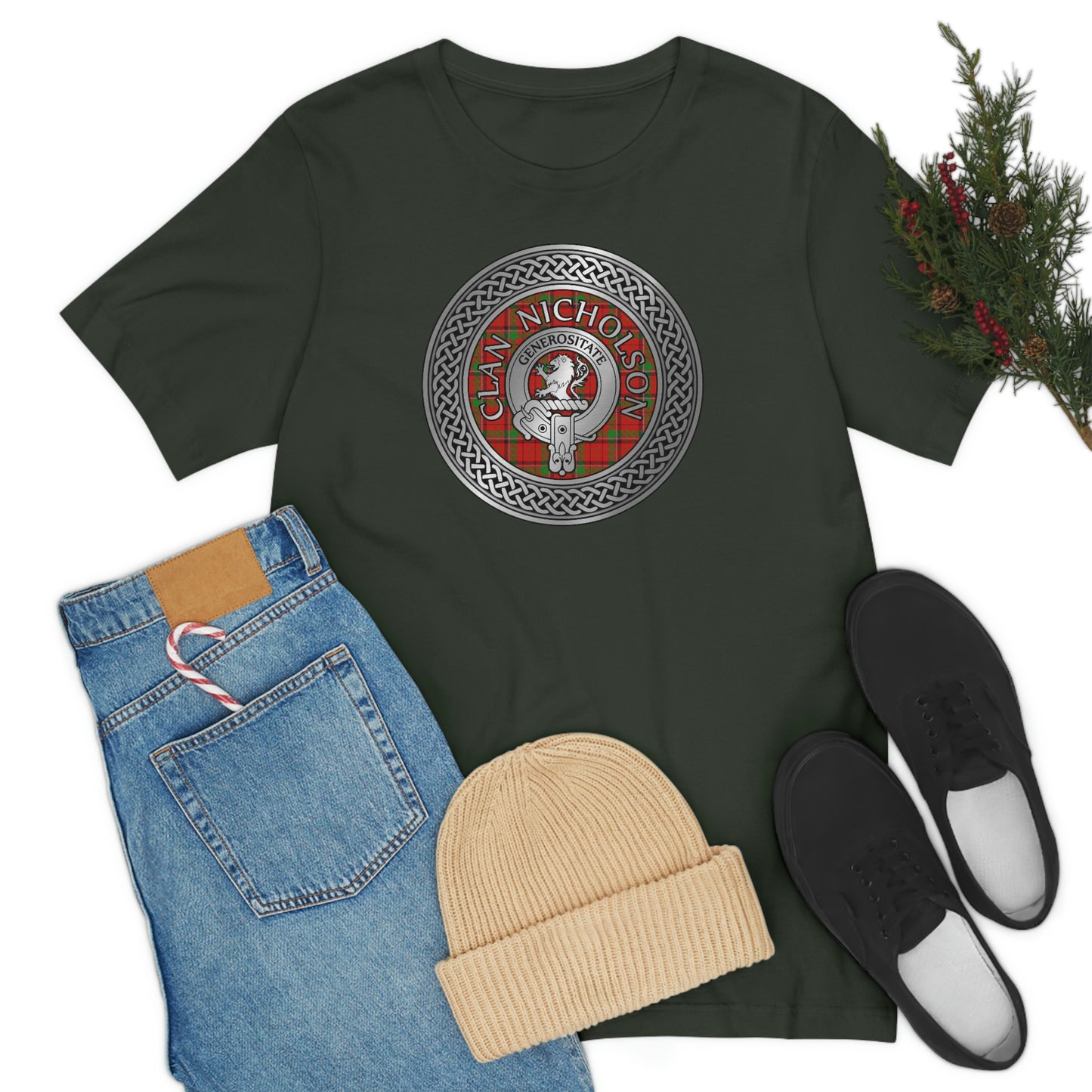 Clan Nicholson Tartan & Crest in Celtic Knot T-Shirt