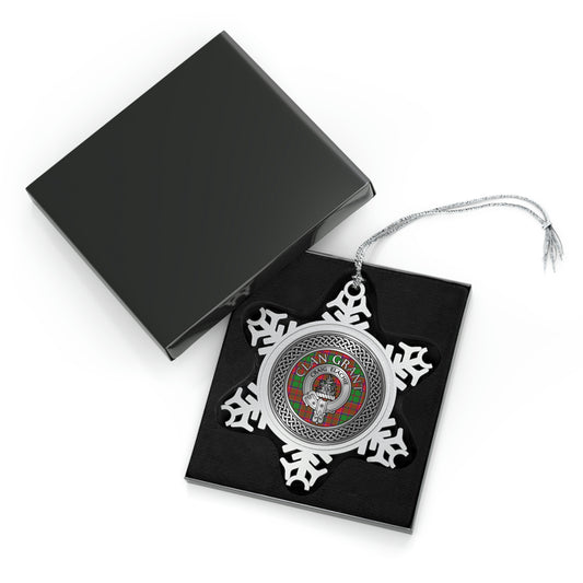 Clan Grant Crest & Tartan Knot Pewter Snowflake Ornament