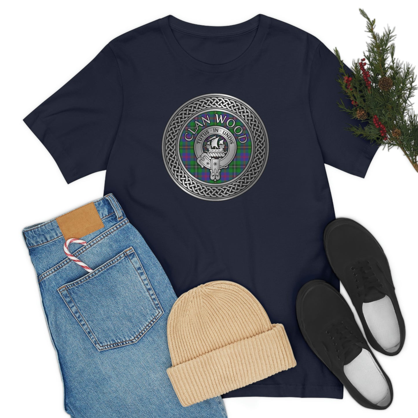 Clan Wood Tartan & Crest in Celtic Knot T-Shirt